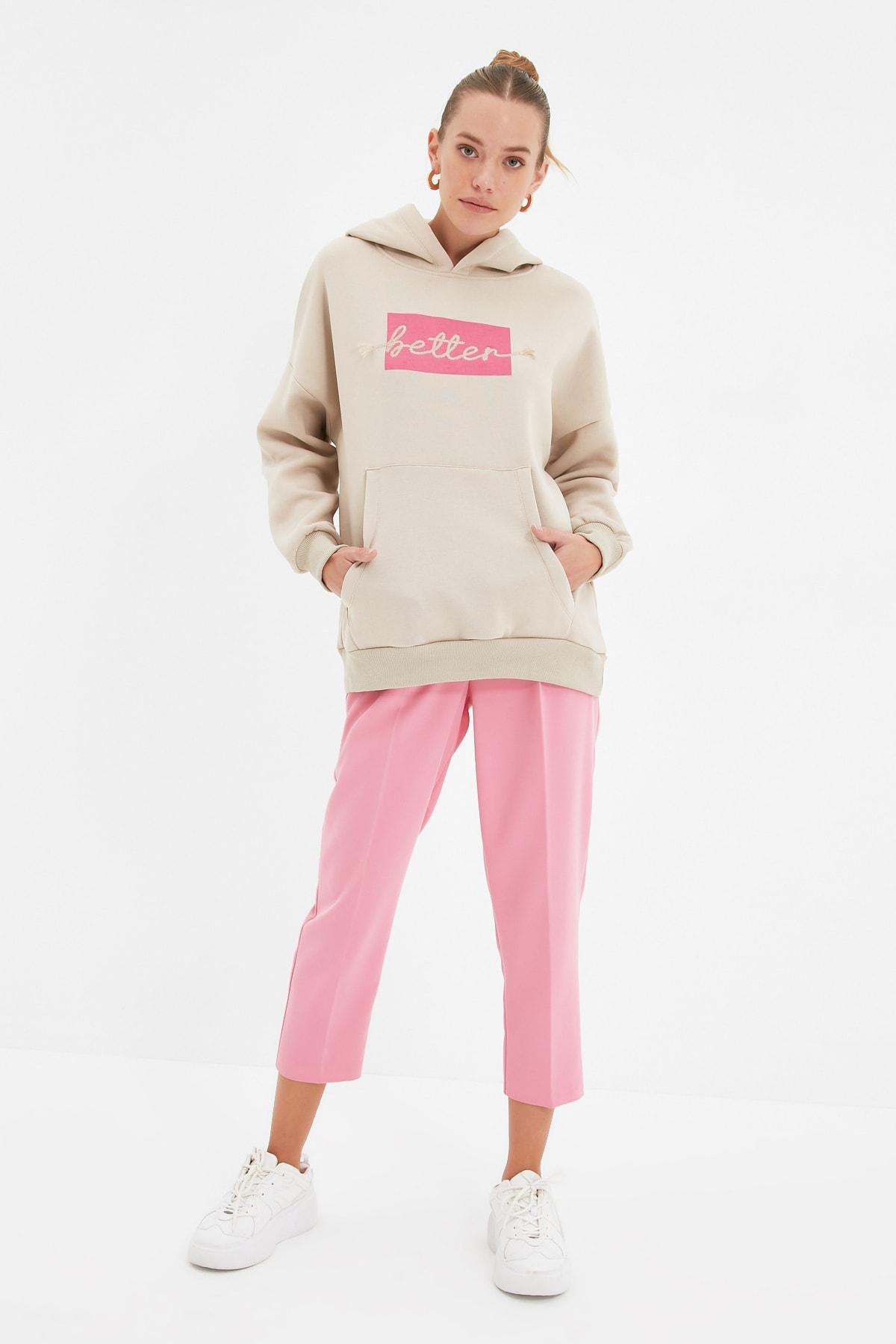 Trendyol - Beige Printed Hooded Sweatshirt