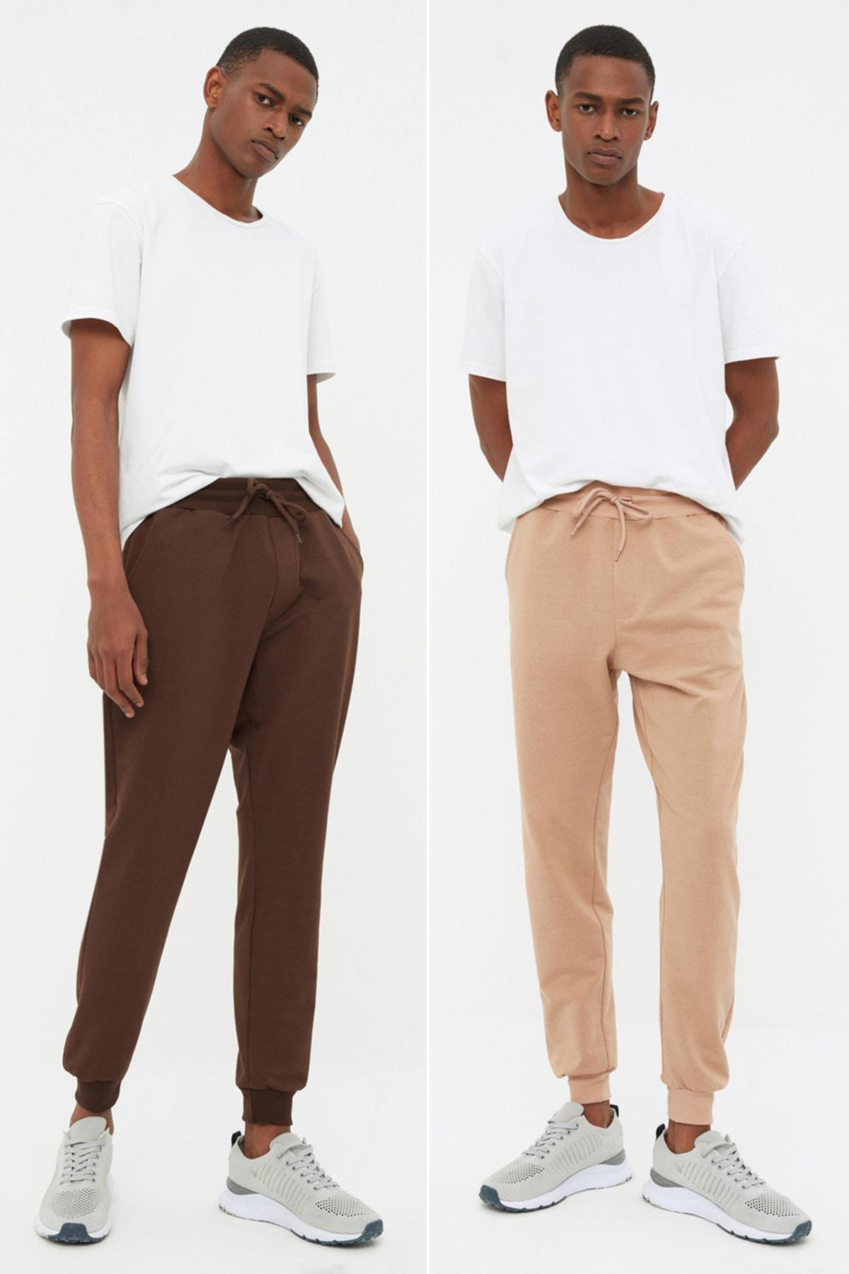 Brown Slim Mid Waist Sweatpants, Set Of 2, , large image number 0