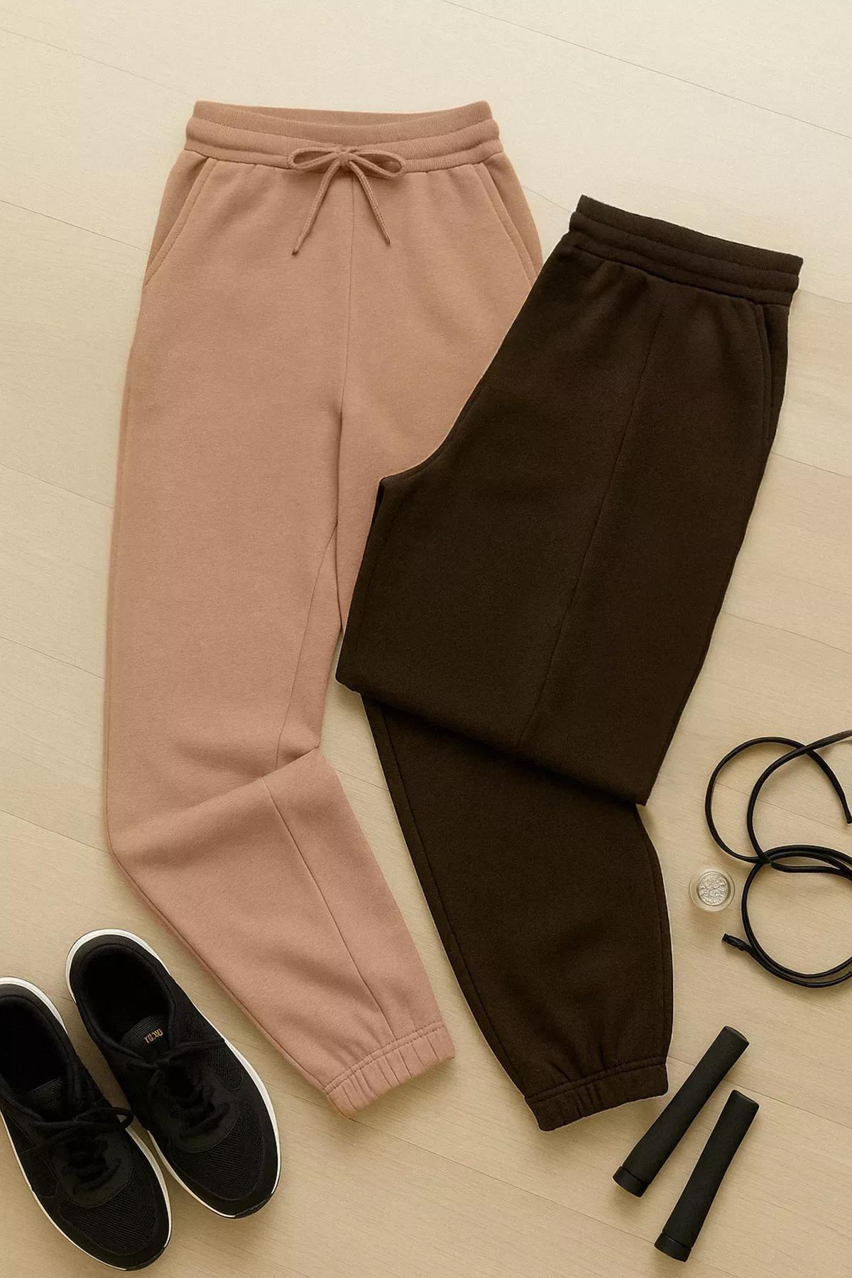 Brown Slim Mid Waist Sweatpants, Set Of 2, Brown, large image number 2