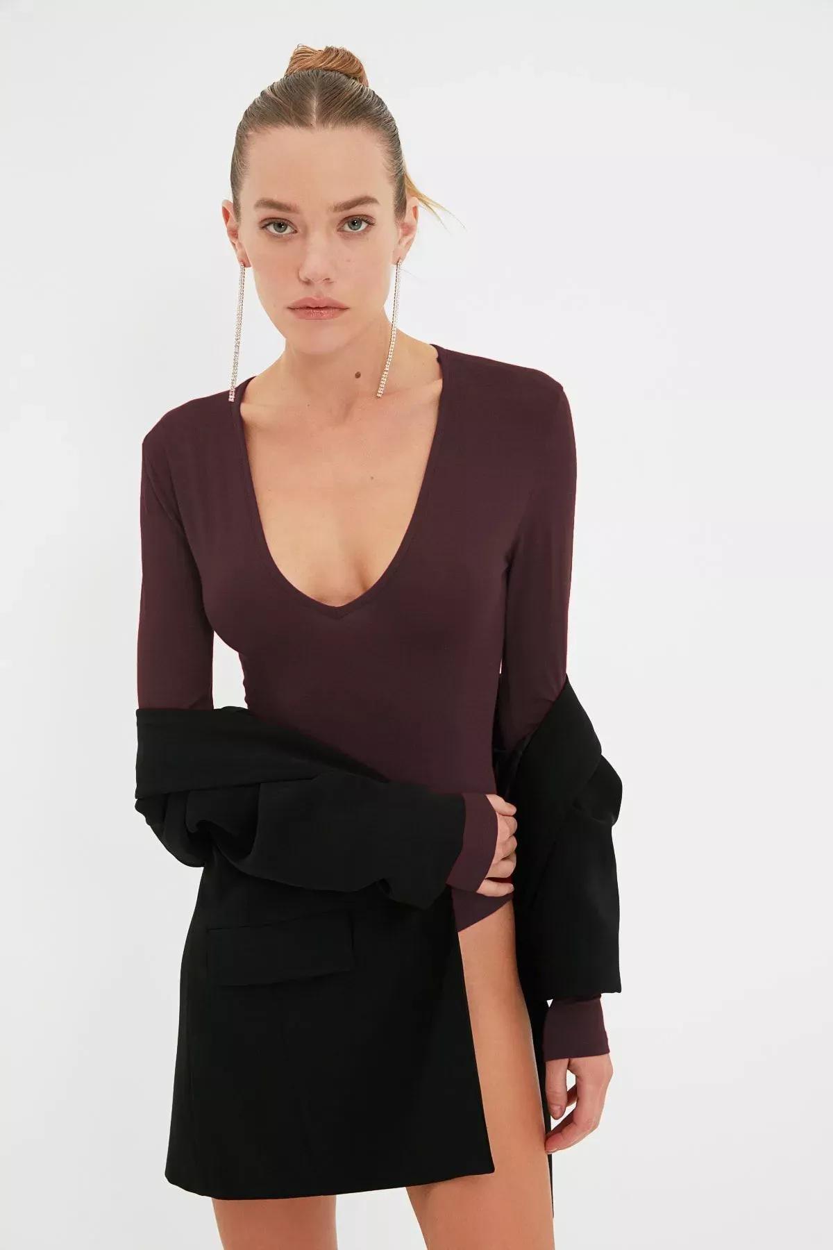 Brown V-Neck Snap Bodysuit, , large image number 2