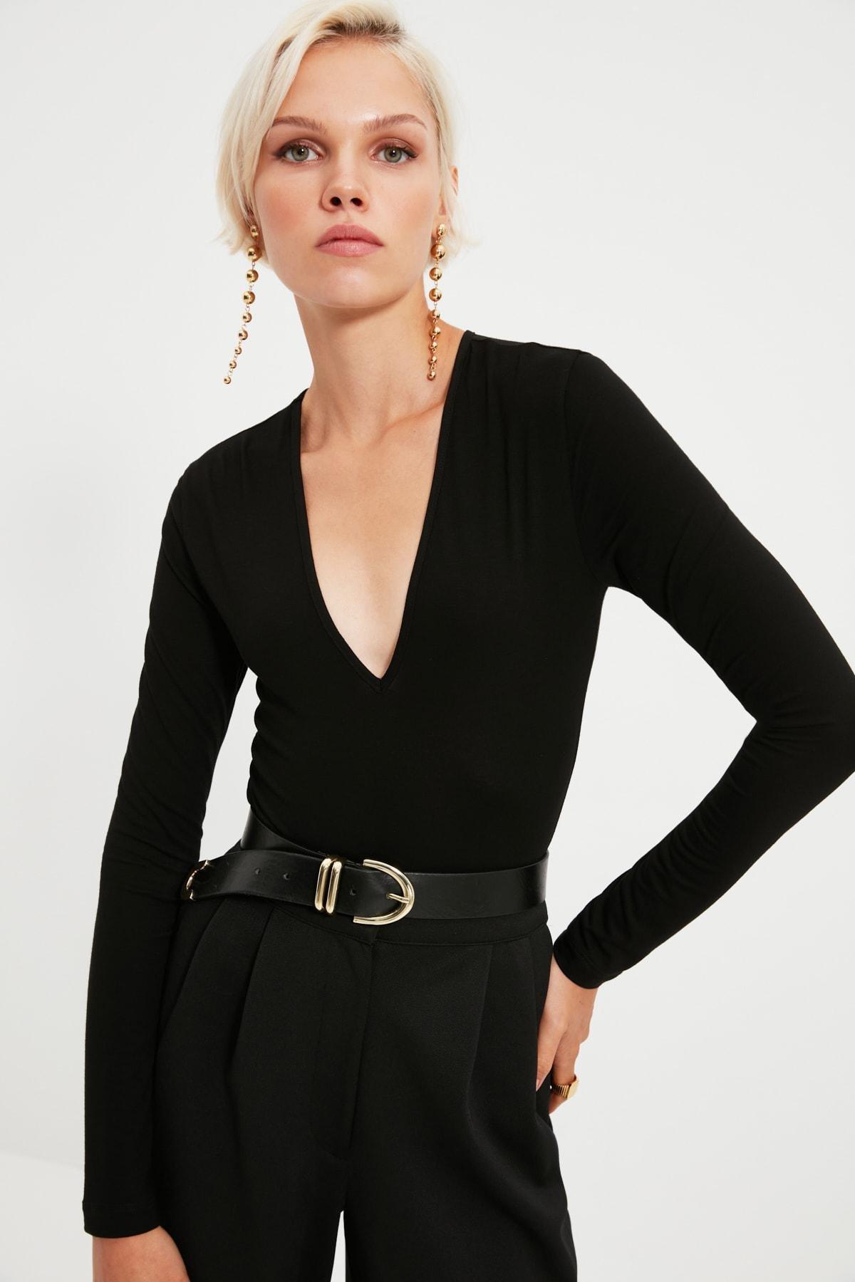 Black V-Neck Bodysuit, , large image number 0