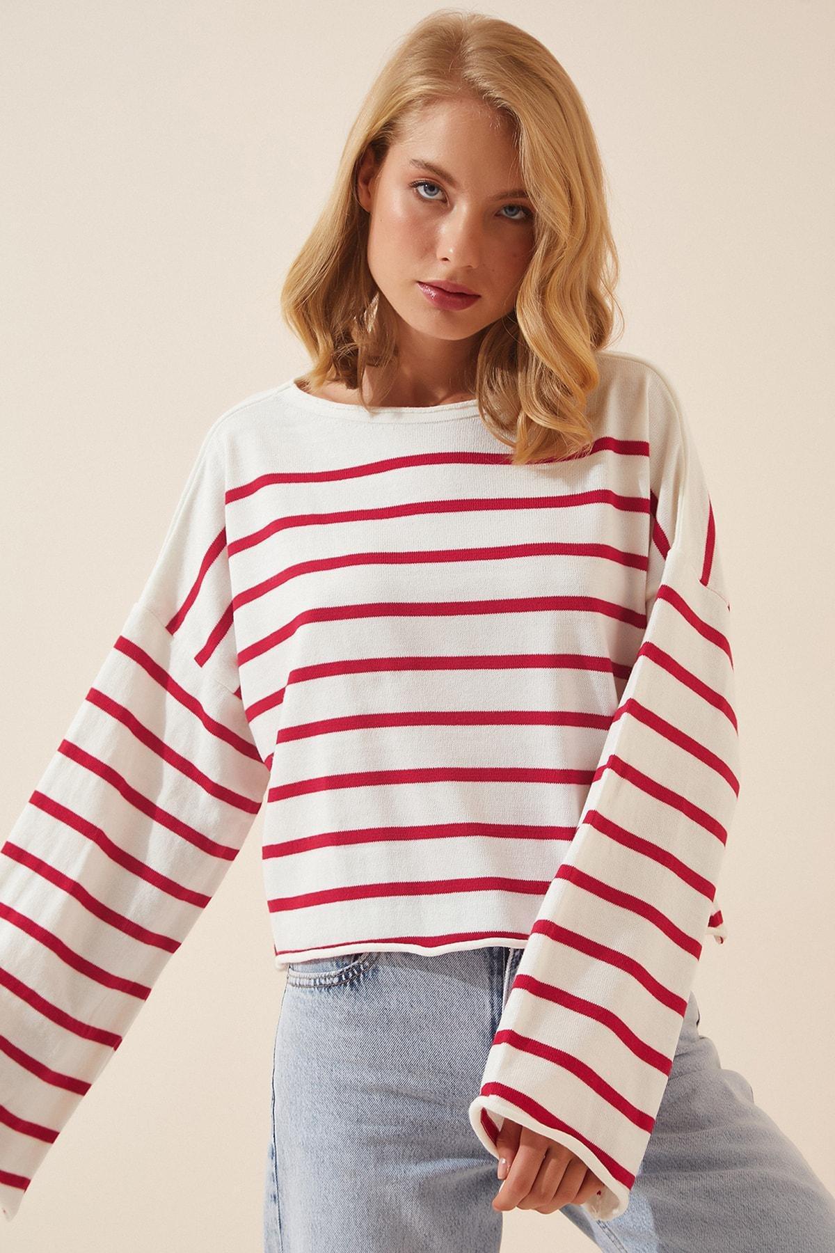 Red Striped Oversize Sweater, Red and white, large image number 0