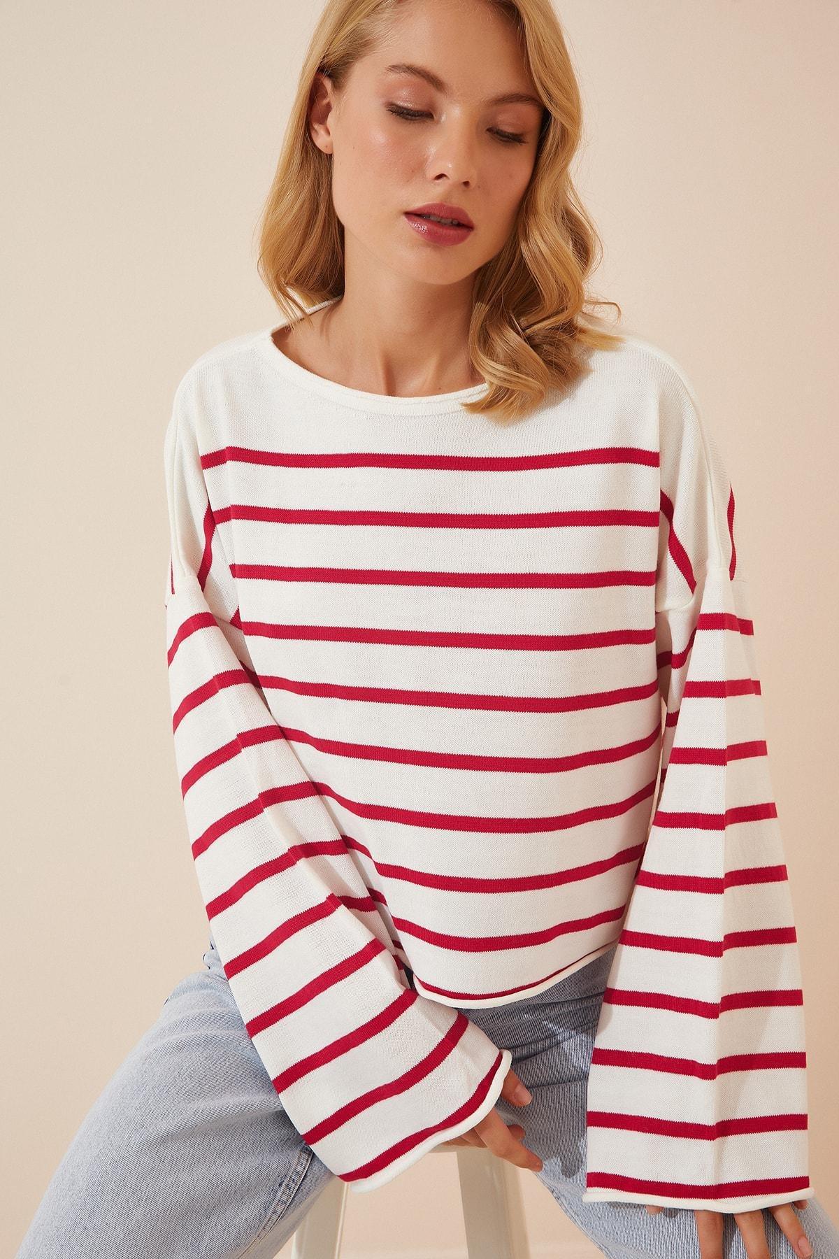 Red Striped Oversize Sweater, Red and white, large image number 1