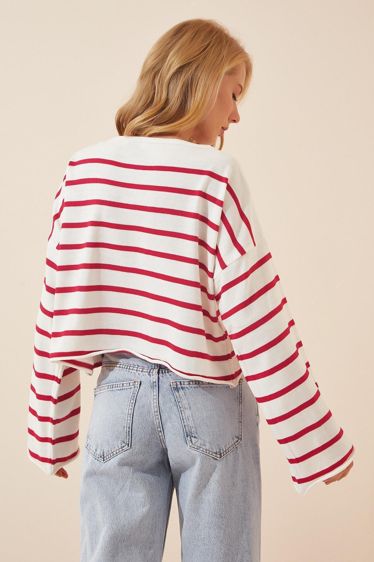 Red Striped Oversize Sweater, Red and white, large image number 2