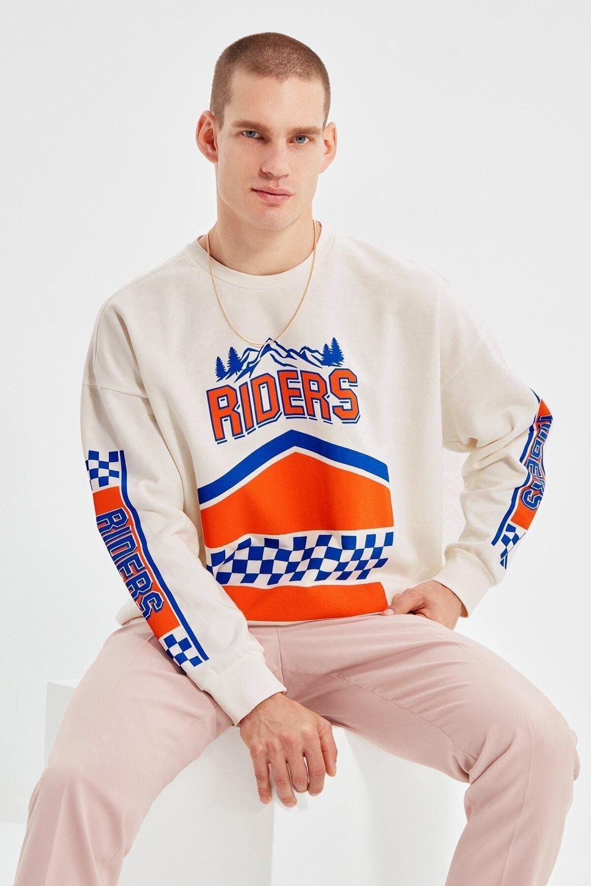 Beige Oversize Printed Crew Neck Sweatshirt, Ecru, large image number 0