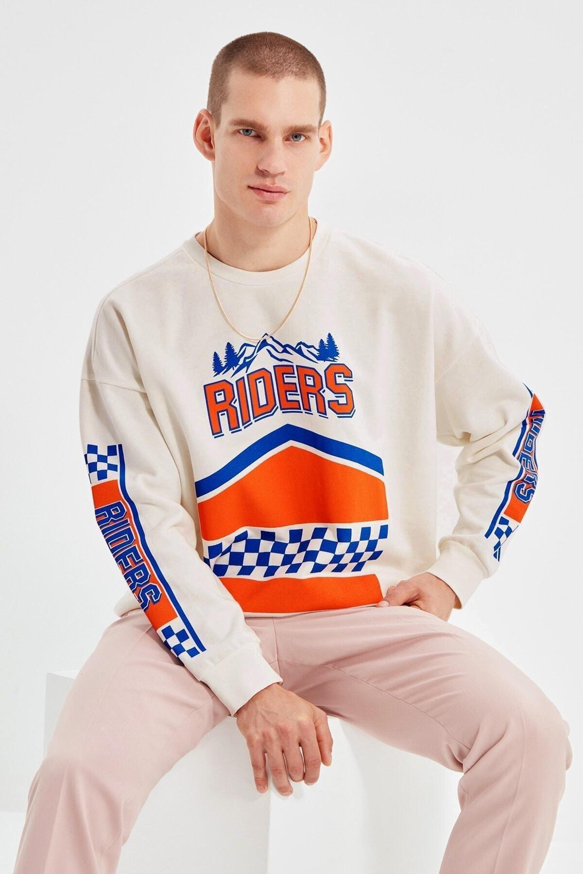 Trendyol - White Oversize Printed Crew Neck Sweatshirt