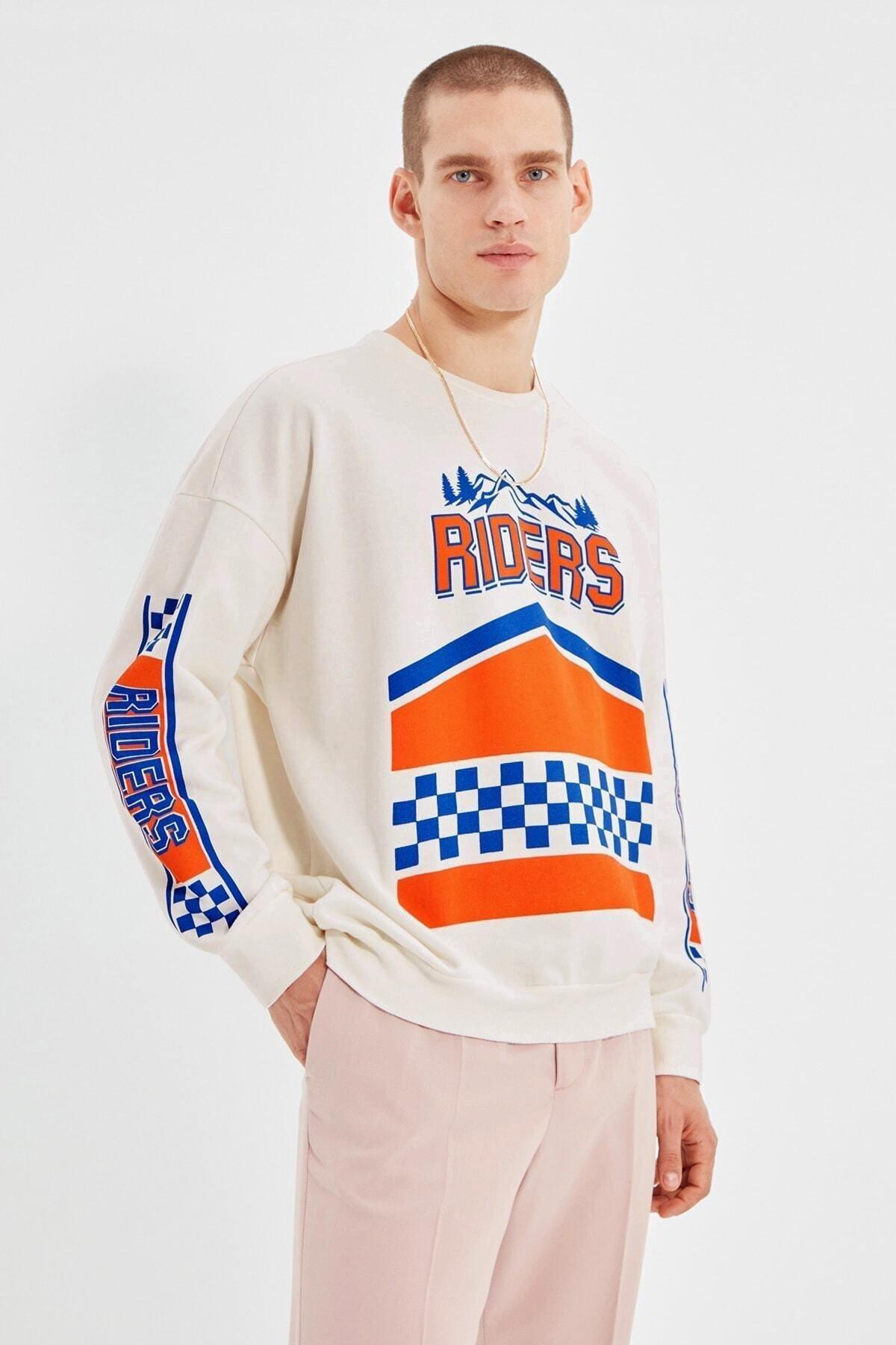 Beige Oversize Printed Crew Neck Sweatshirt, Ecru, large image number 2