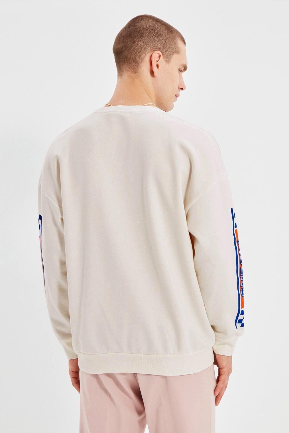 Beige Oversize Printed Crew Neck Sweatshirt, Ecru, large image number 4