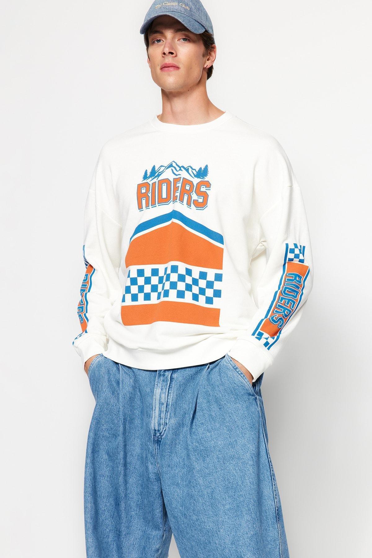 Beige Oversize Printed Crew Neck Sweatshirt, Ecru, large image number 6
