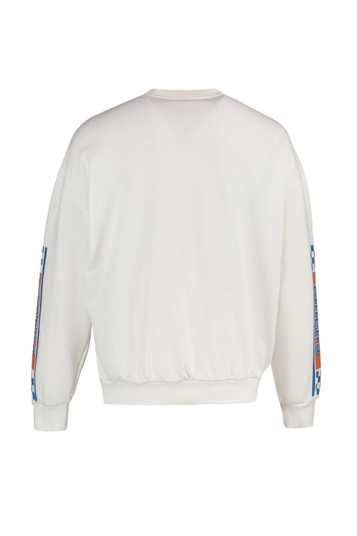 Beige Oversize Printed Crew Neck Sweatshirt, Ecru, large image number 7