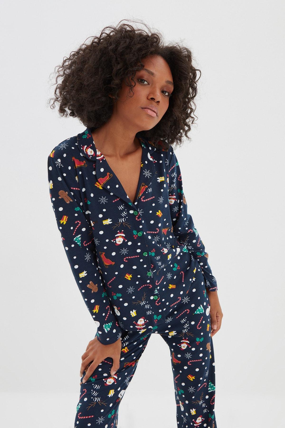 Navy Christmas Themed Knitted Pyjamas Set, Dark blue, large image number 0