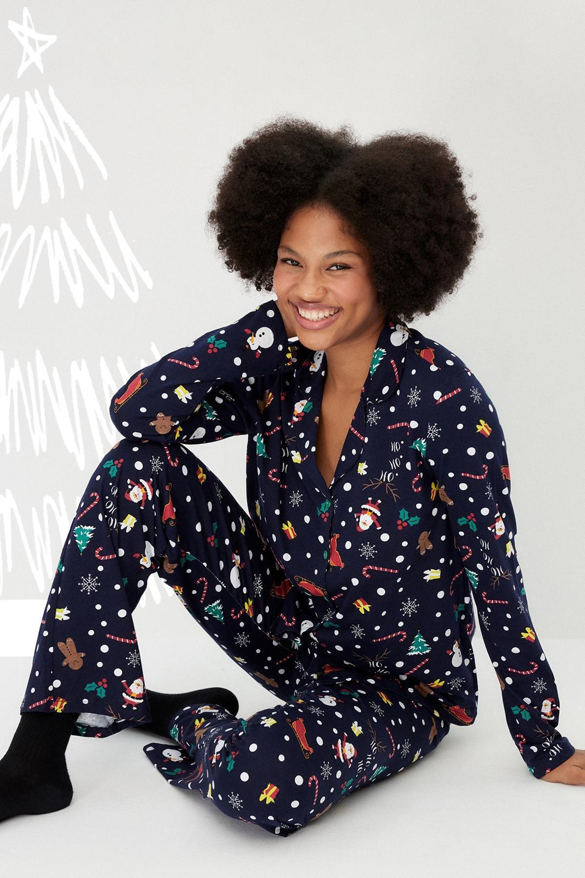 Navy Christmas Themed Knitted Pyjamas Set, Dark blue, large image number 1