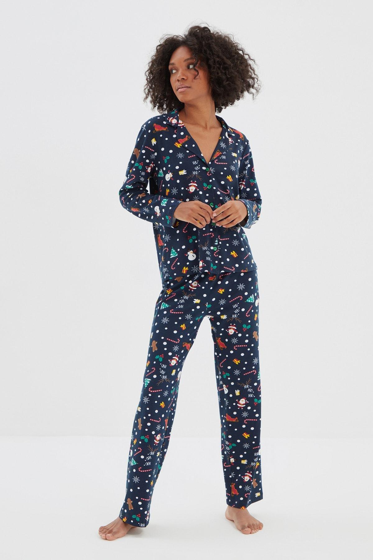Navy Christmas Themed Knitted Pyjamas Set, Dark blue, large image number 3