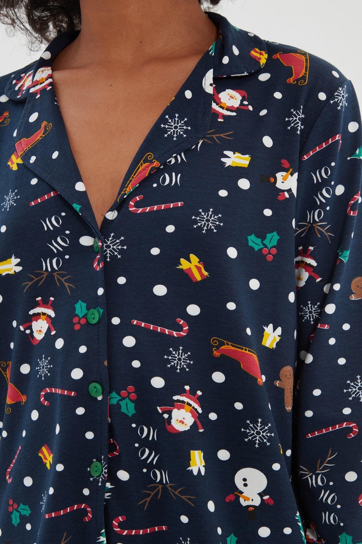 Navy Christmas Themed Knitted Pyjamas Set, Dark blue, large image number 4