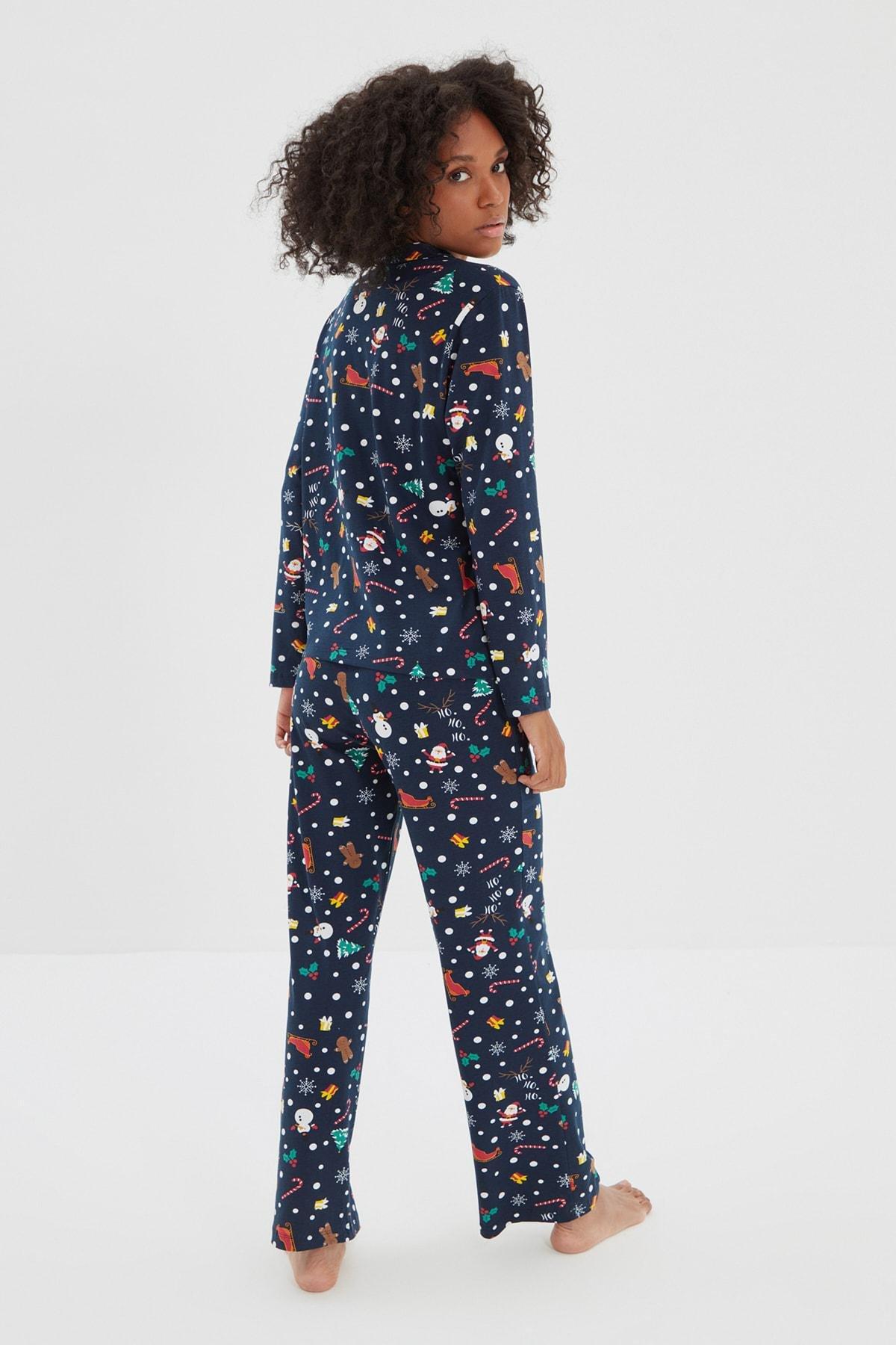 Navy Christmas Themed Knitted Pyjamas Set, Dark blue, large image number 5