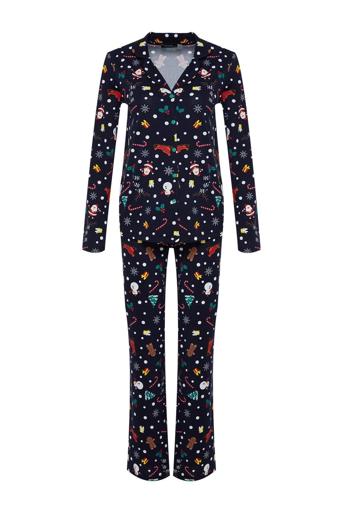 Navy Christmas Themed Knitted Pyjamas Set, Dark blue, large image number 6