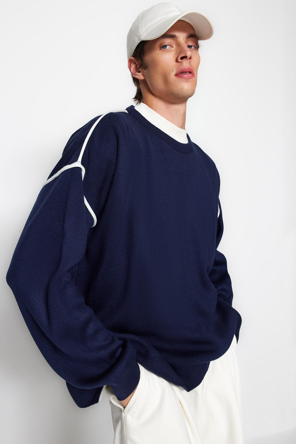 Navy Crew Neck Oversized Sweater, , large image number 0