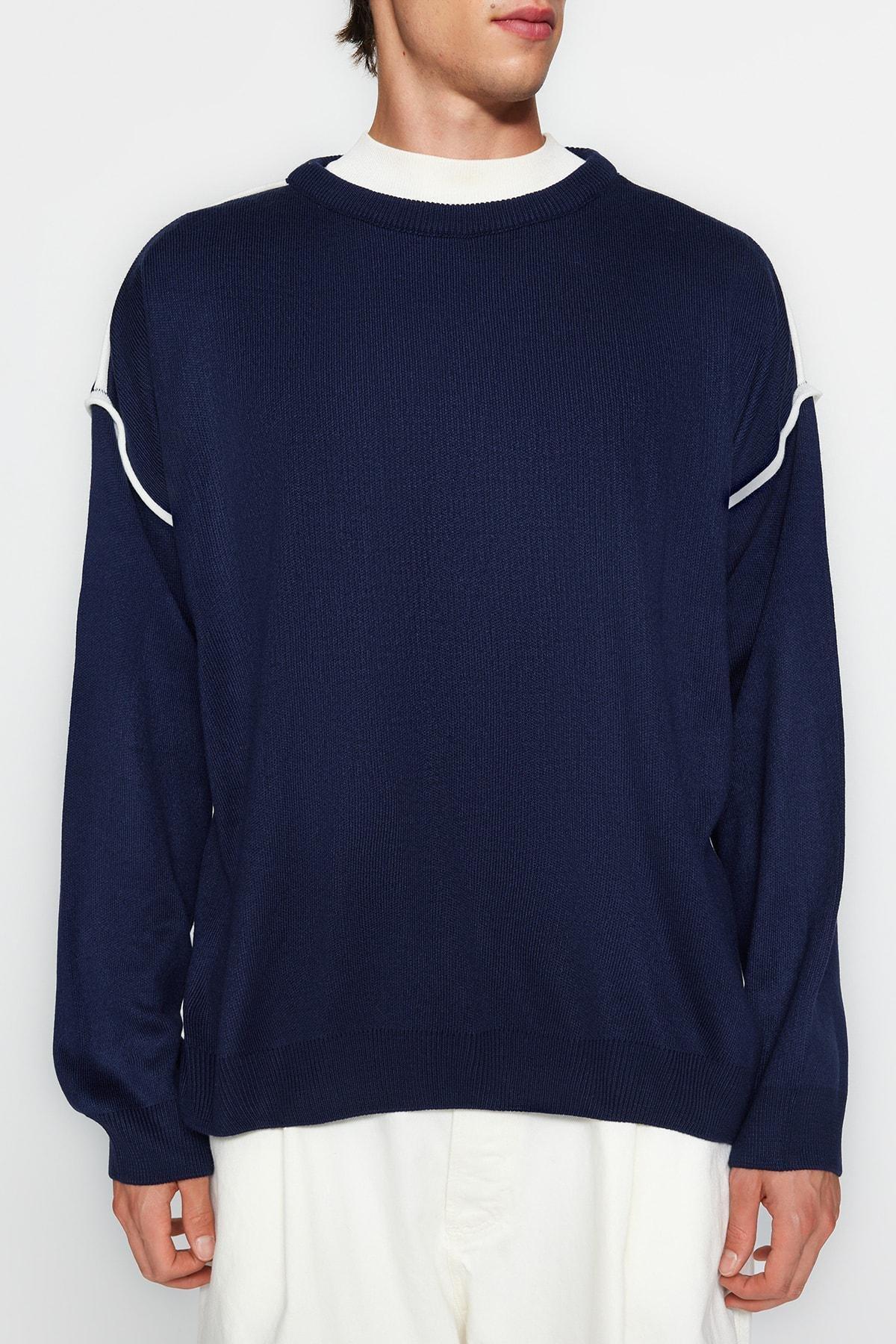 Navy Crew Neck Oversized Sweater, , large image number 1