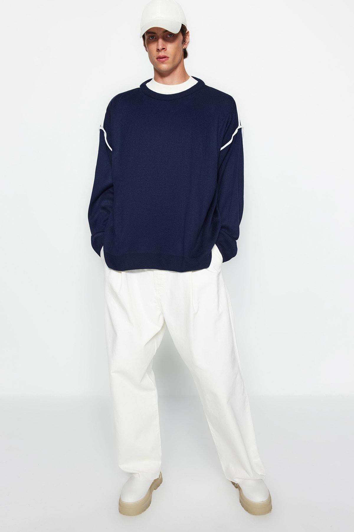 Navy Crew Neck Oversized Sweater, , large image number 6