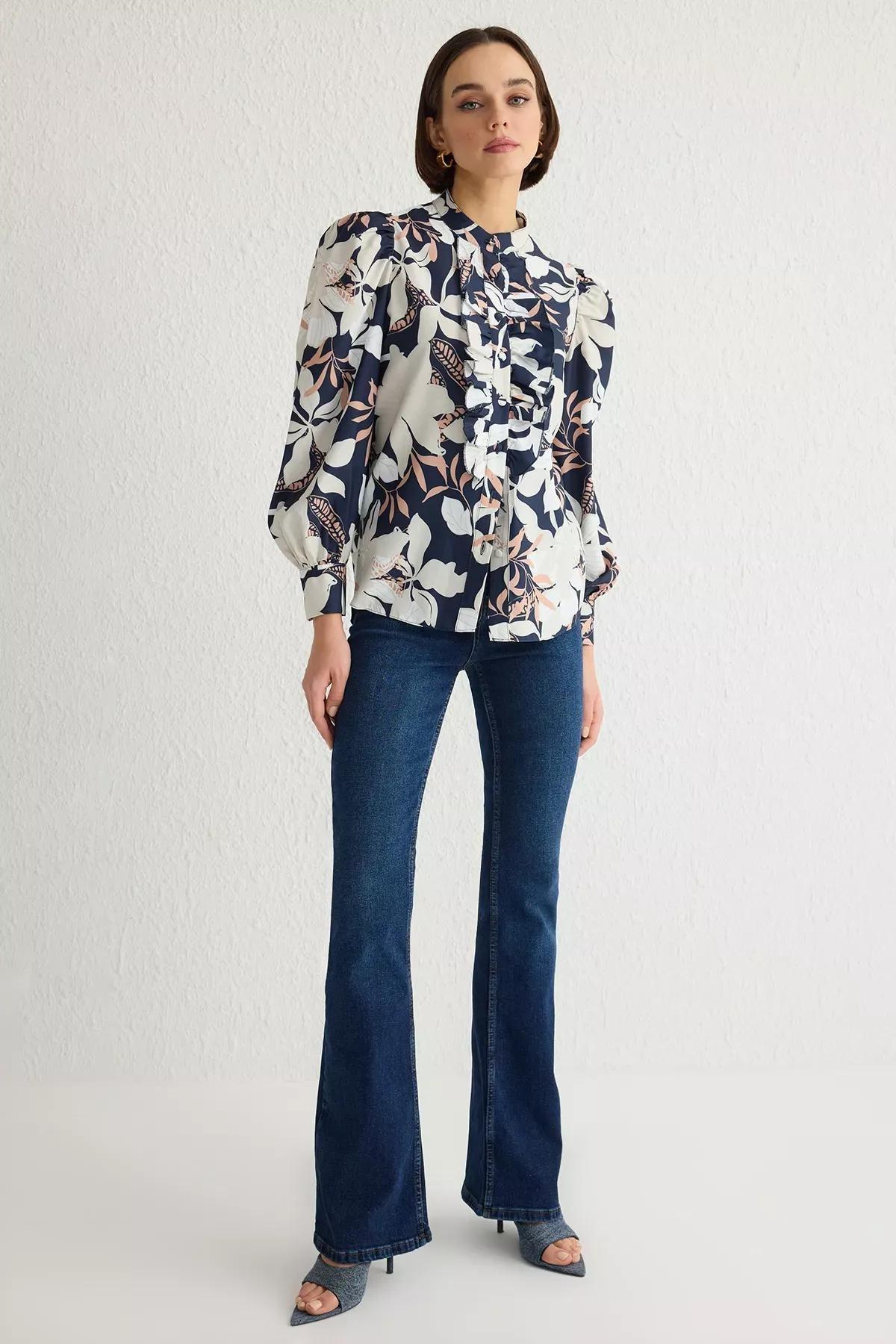 Navy Ruffle Chiffon Floral Shirt, , large image number 0
