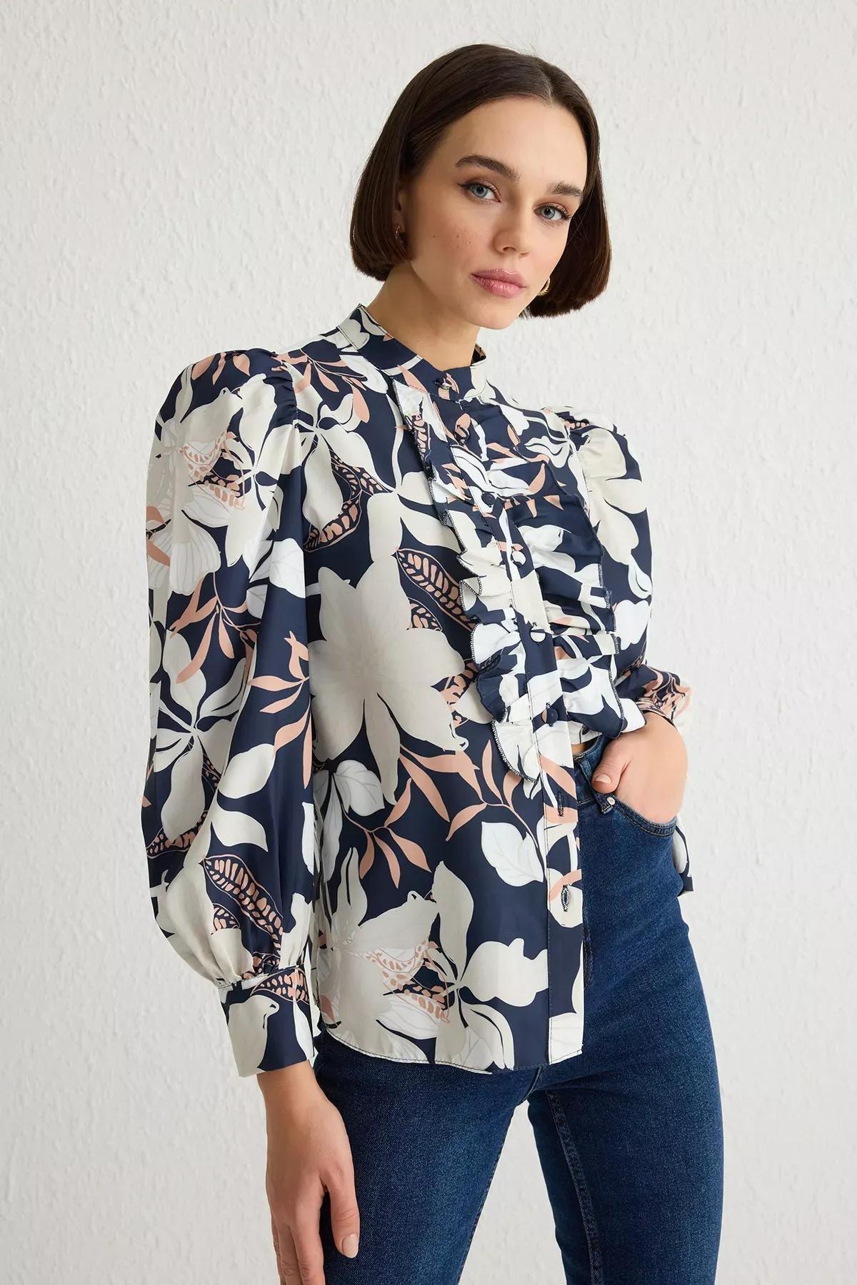 Navy Ruffle Chiffon Floral Shirt, , large image number 1