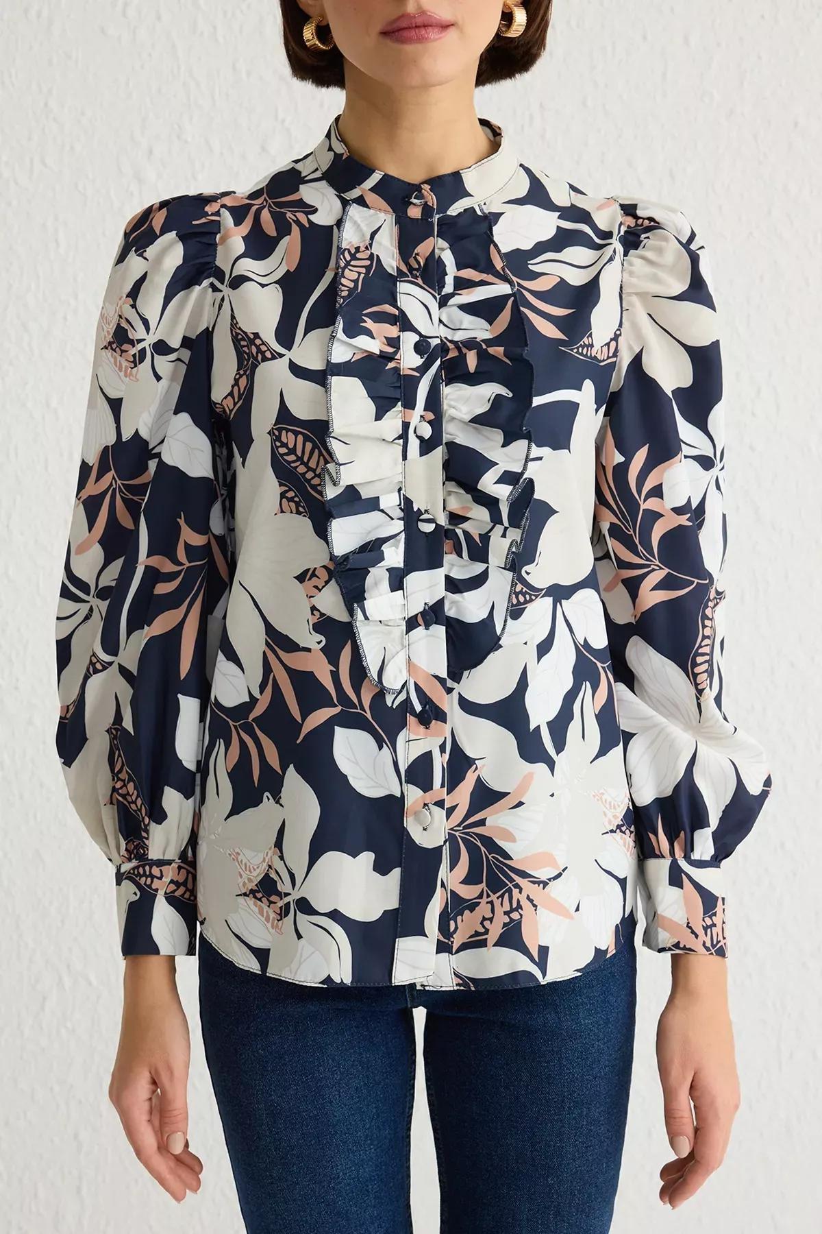 Navy Ruffle Chiffon Floral Shirt, , large image number 2