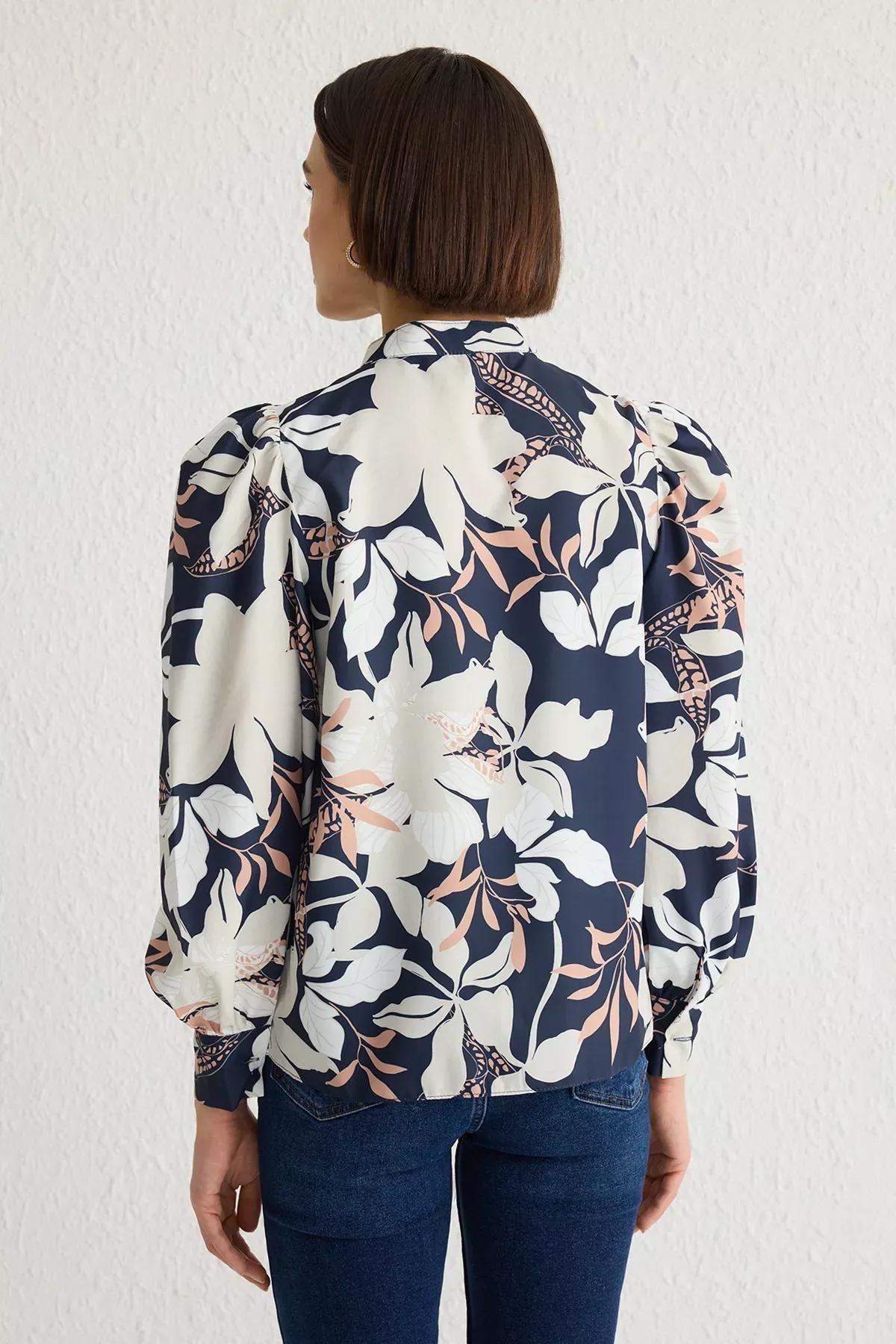 Navy Ruffle Chiffon Floral Shirt, , large image number 4