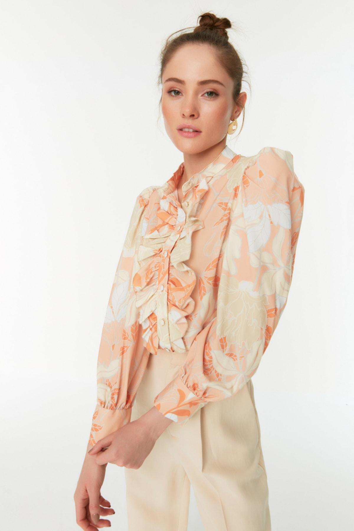 Orange Floral Standing Collar Shirt, Orange, large image number 0