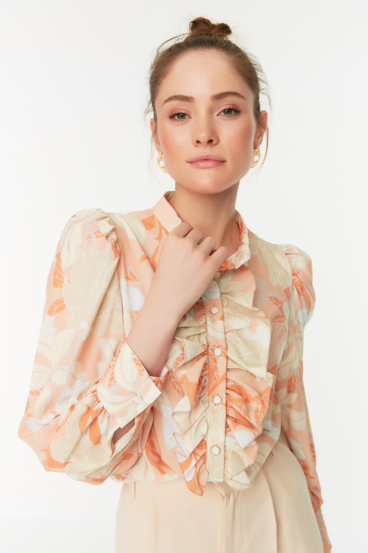 Orange Floral Standing Collar Shirt, Orange, large image number 1