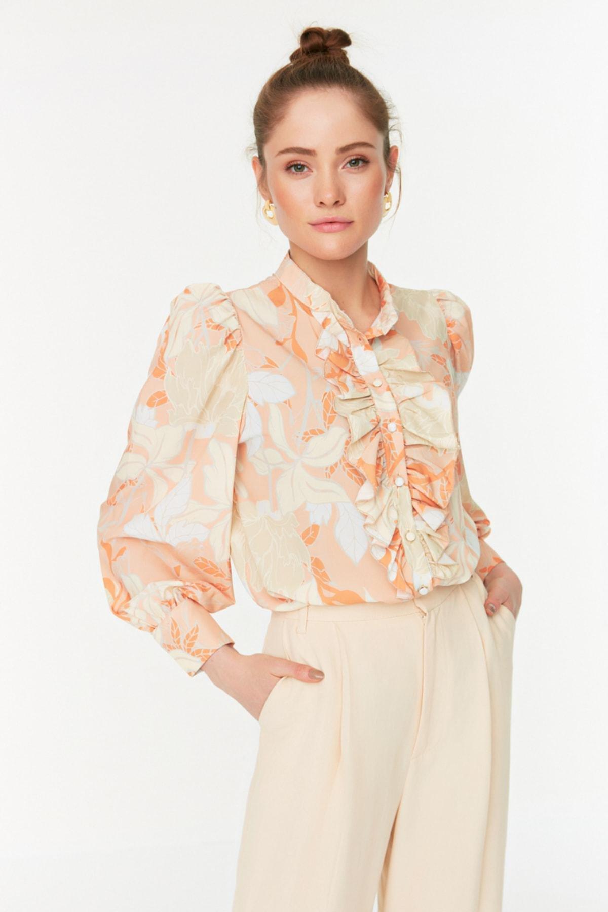 Orange Floral Standing Collar Shirt, Orange, large image number 4