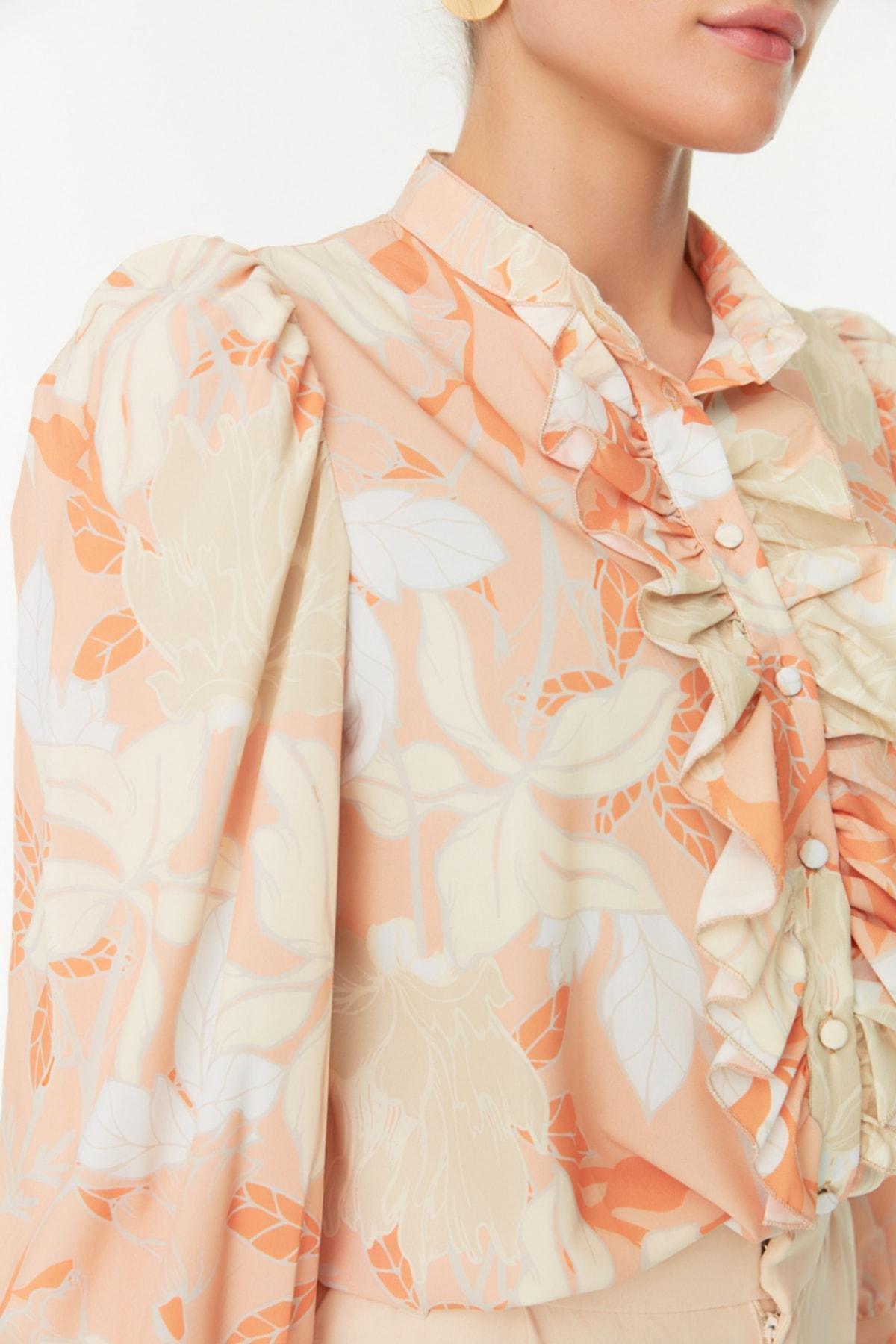 Orange Floral Standing Collar Shirt, Orange, large image number 6