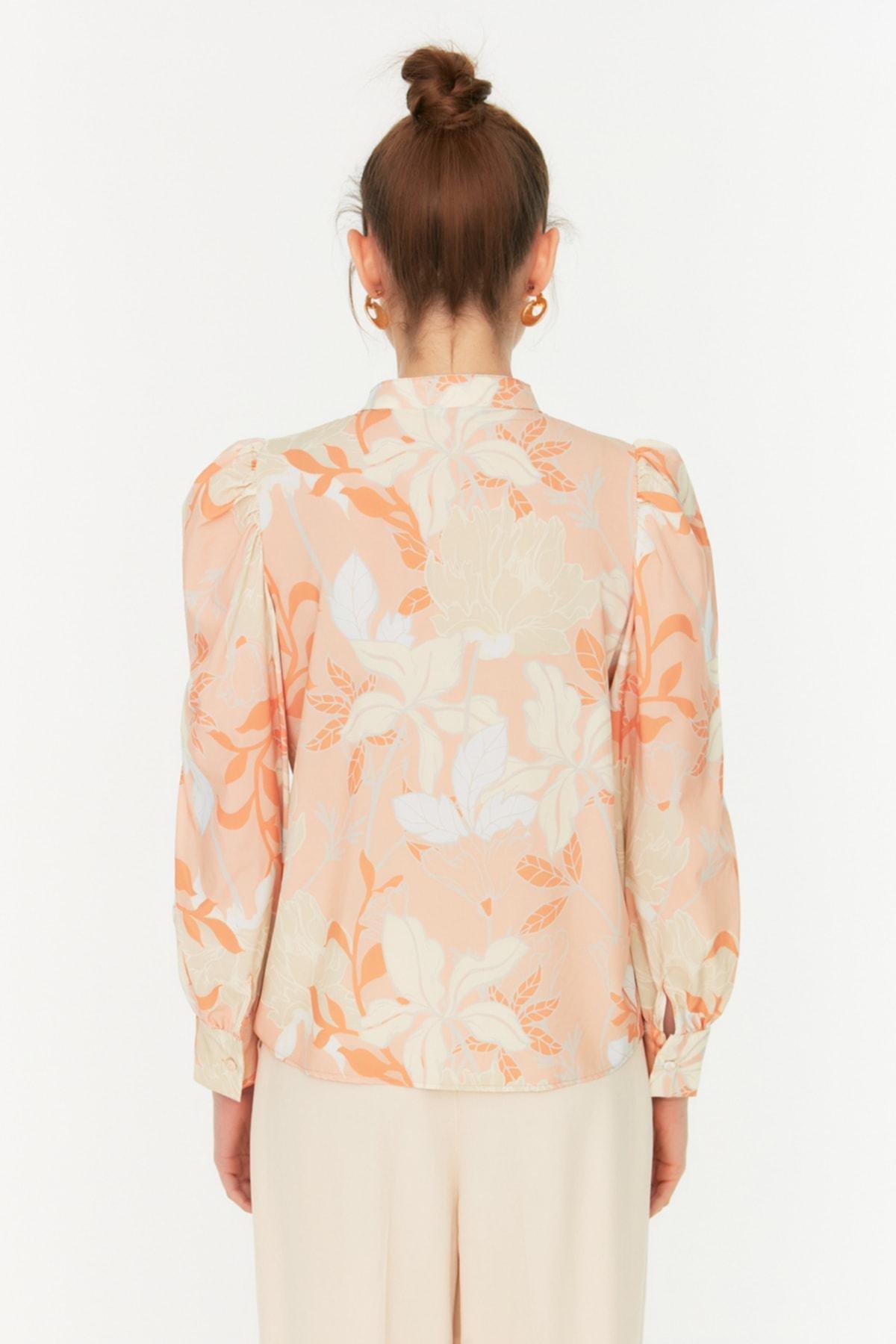 Orange Floral Standing Collar Shirt, , large image number 7