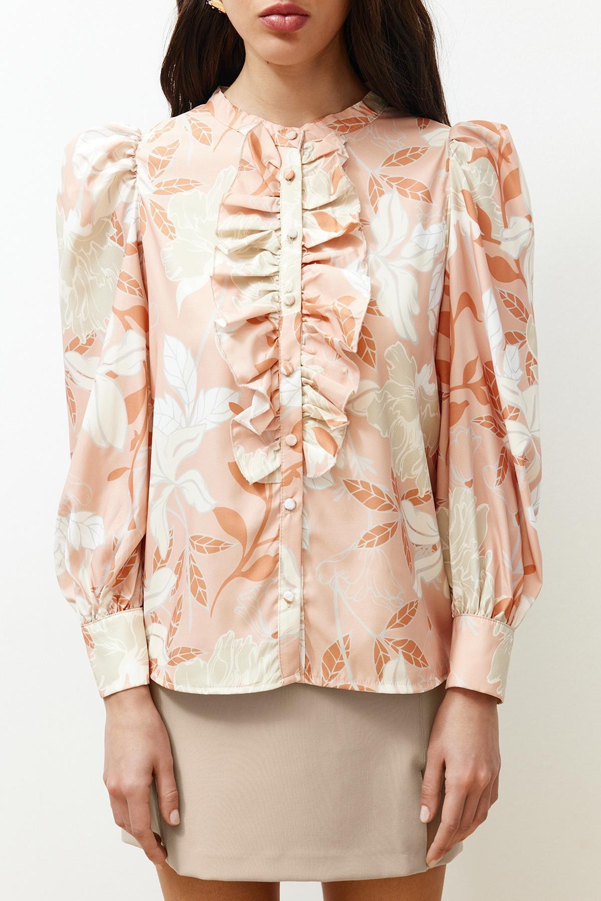 Orange Floral Standing Collar Shirt, Orange, large image number 9