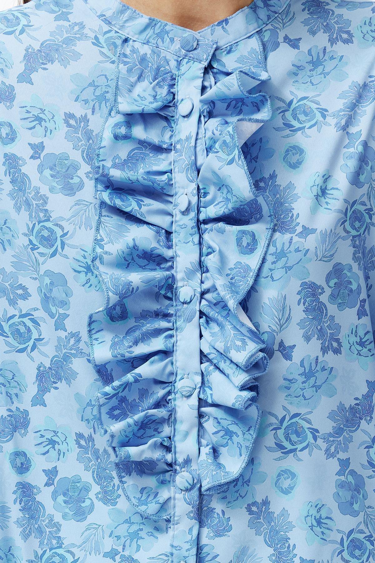 Blue High Neck Frilly Chiffon Floral Shirt, , large image number 3