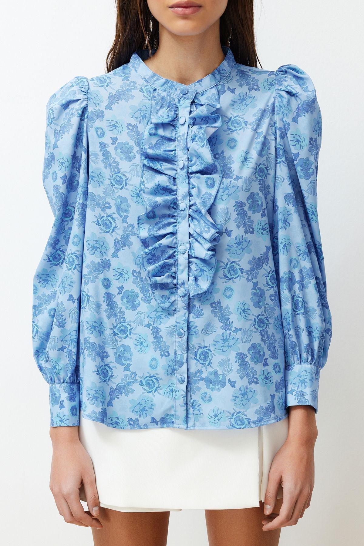 Blue High Neck Frilly Chiffon Floral Shirt, , large image number 4