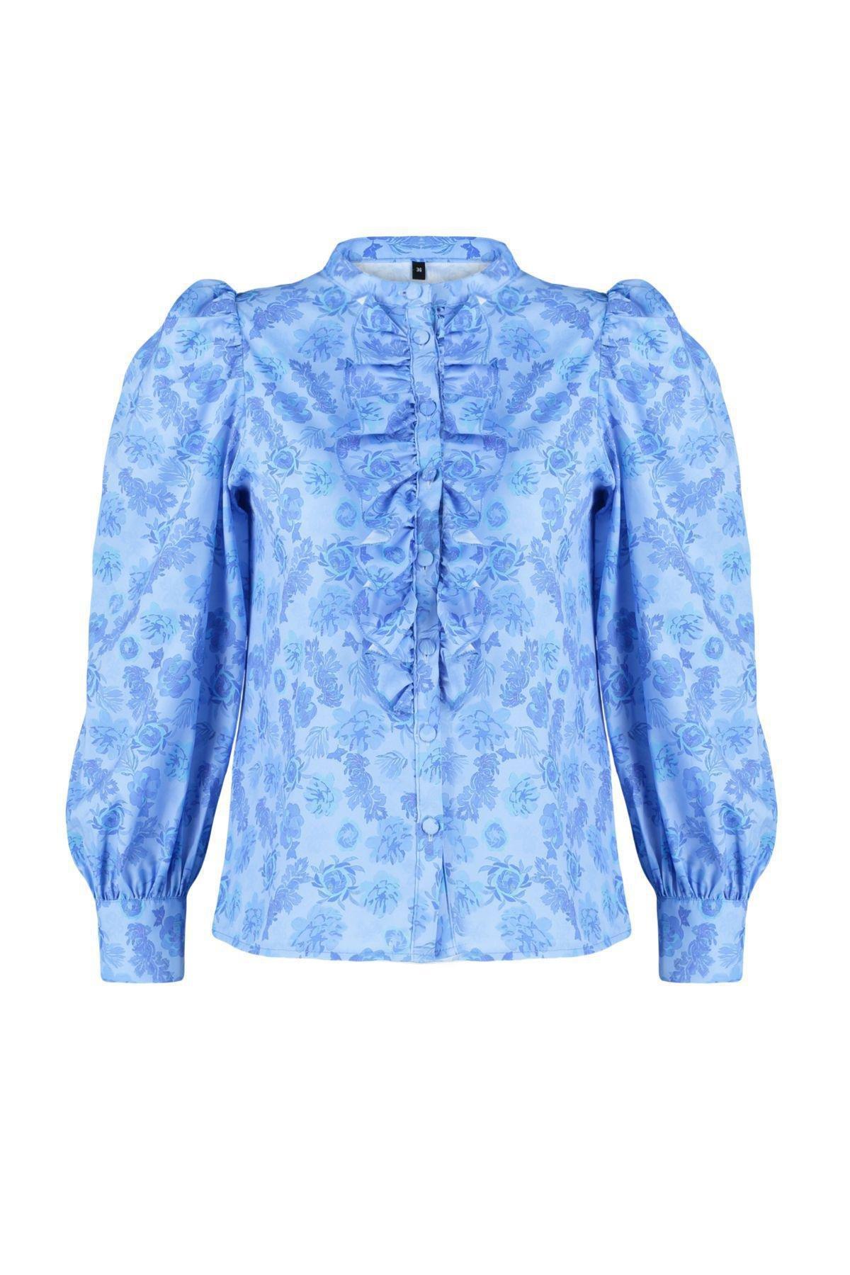Blue High Neck Frilly Chiffon Floral Shirt, , large image number 5