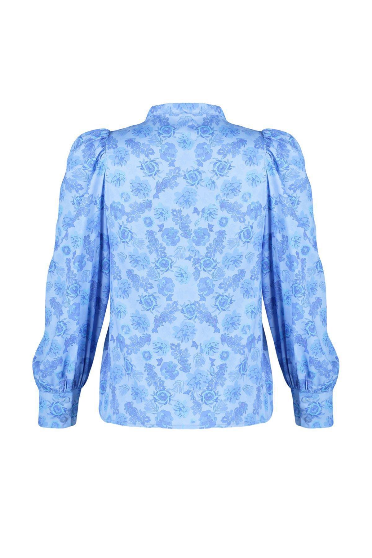 Blue High Neck Frilly Chiffon Floral Shirt, , large image number 6