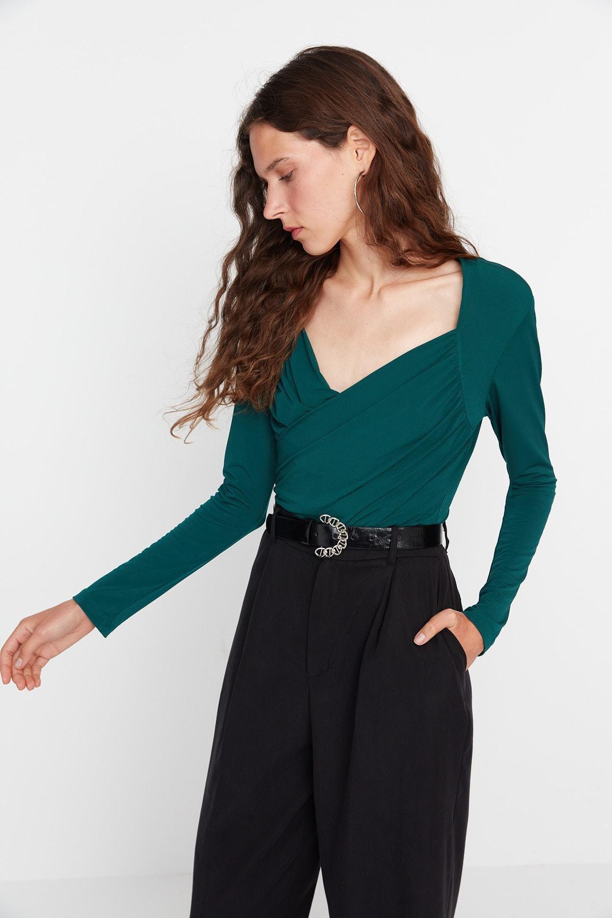 Green V-Neck Bodysuit, Green, large image number 1