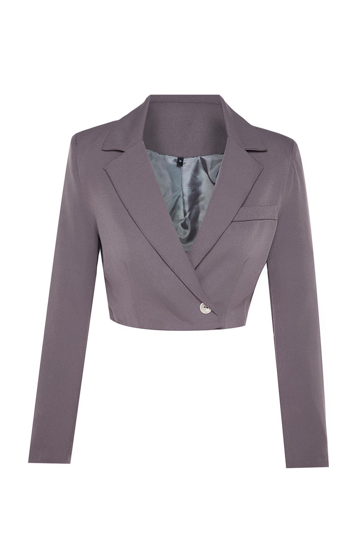 Grey Crop Woven Blazer Jacket, , large image number 5