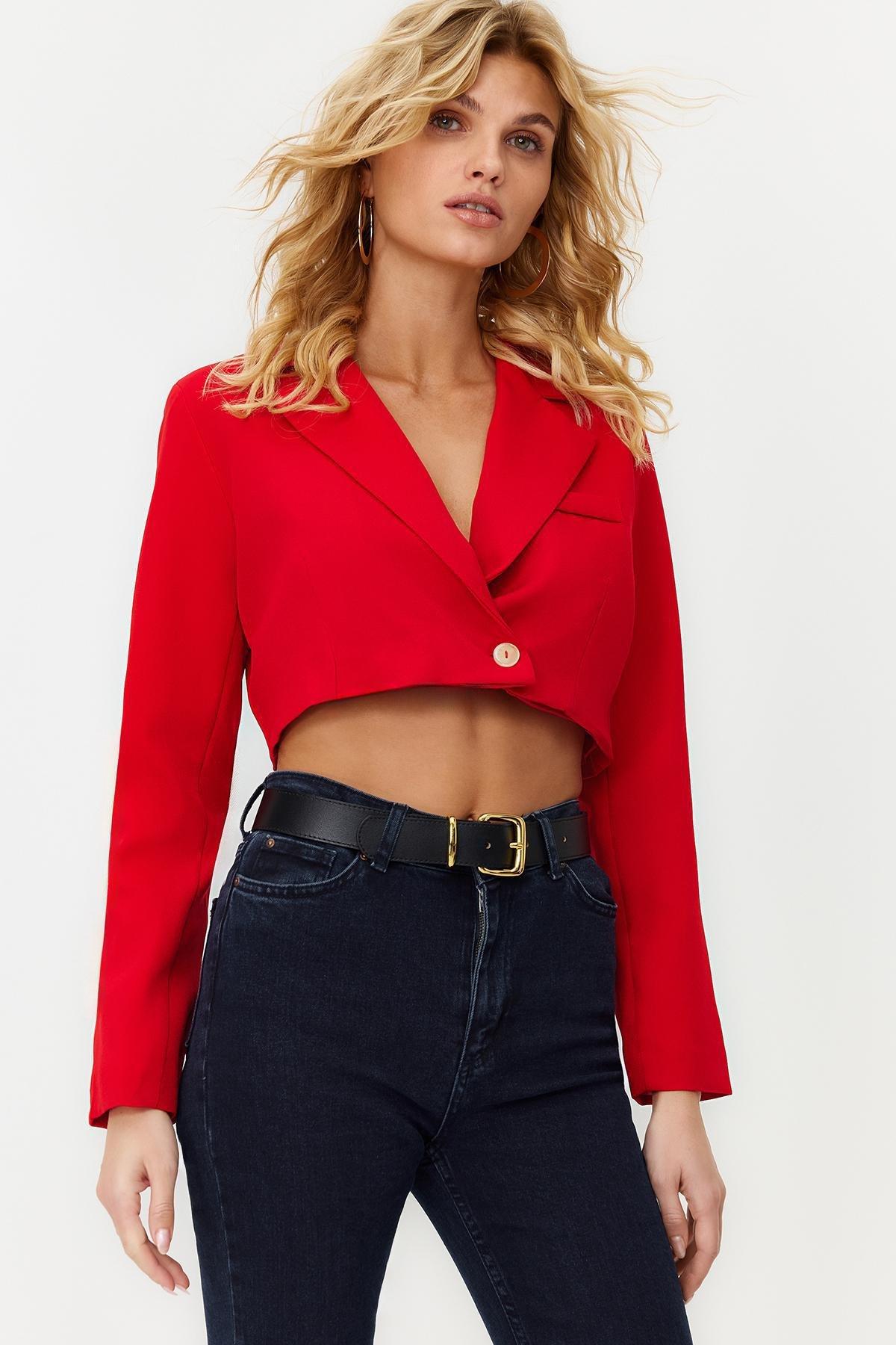 Red Crop Woven Lined Jacket, , large image number 1
