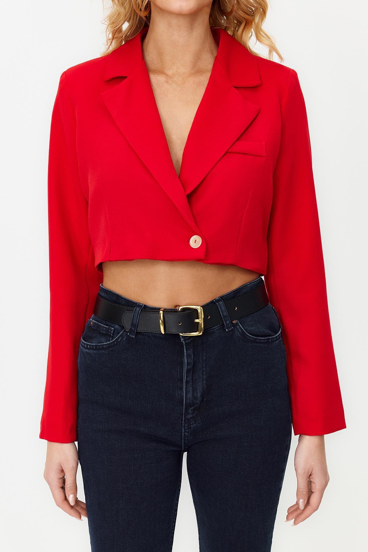 Red Crop Woven Lined Jacket, , large image number 4