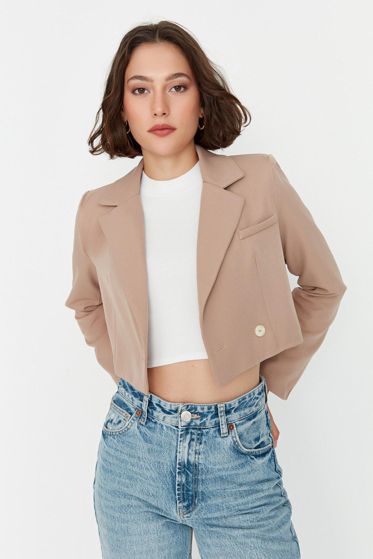 Brown Crop Woven Blazer, , large image number 0
