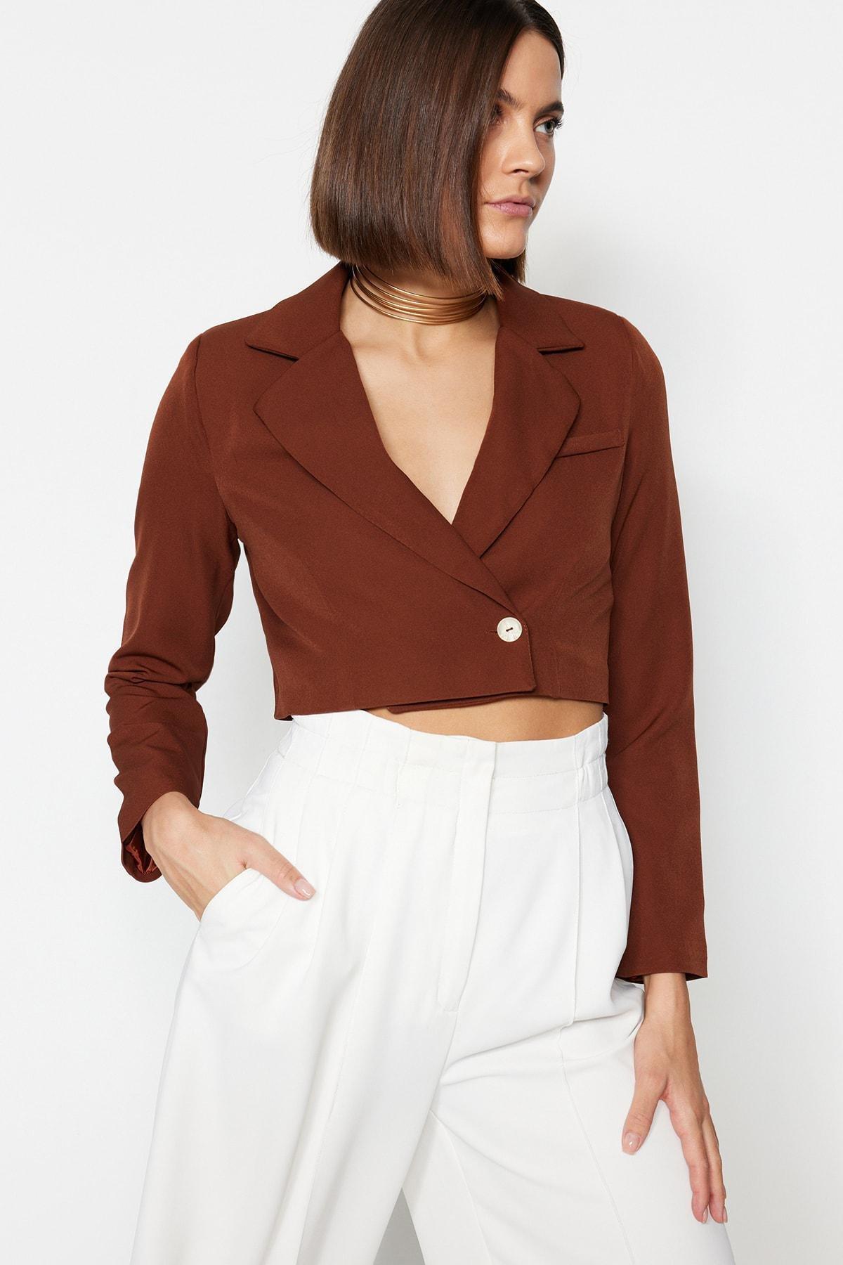 Brown Crop Woven Blazer, , large image number 1