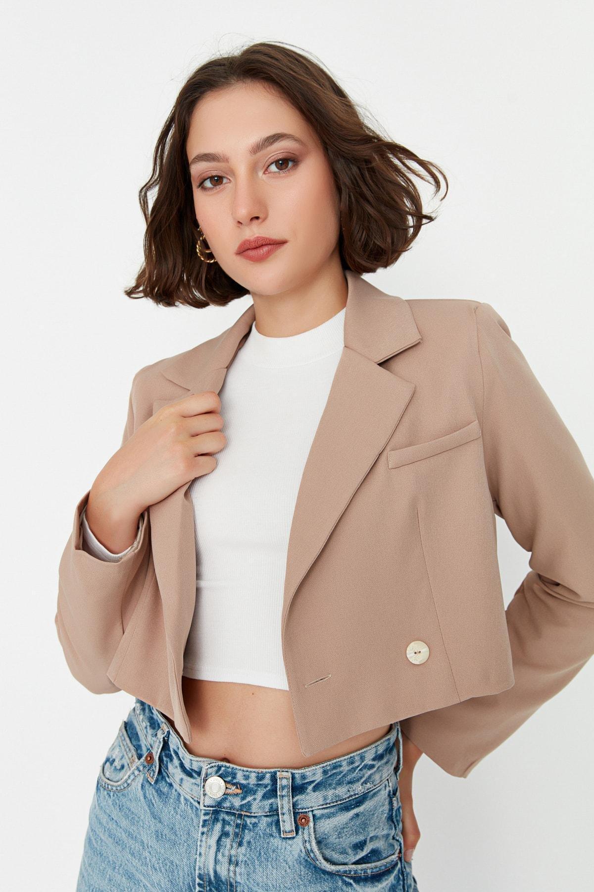 Brown Crop Woven Blazer, , large image number 2