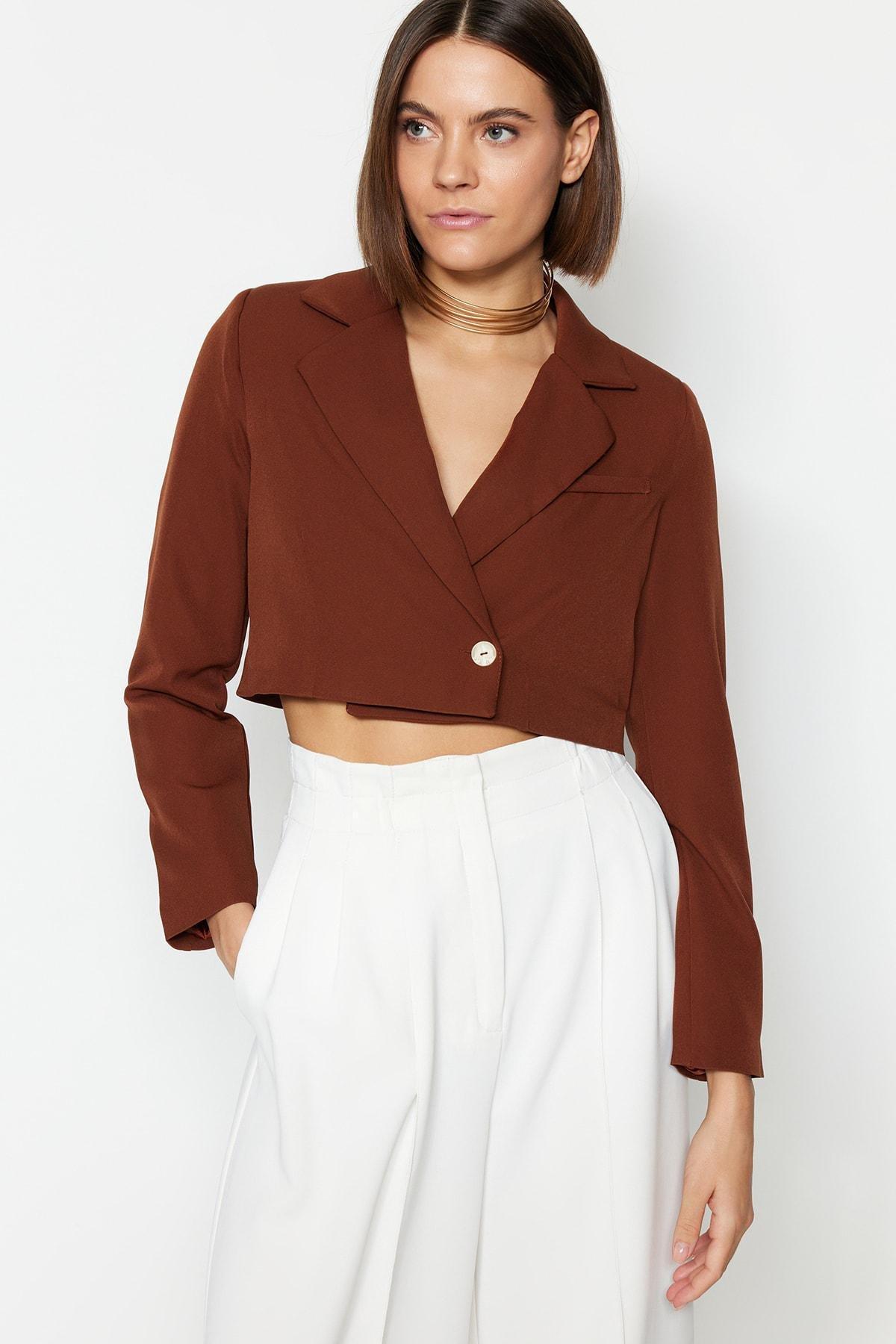 Brown Crop Woven Blazer, , large image number 3