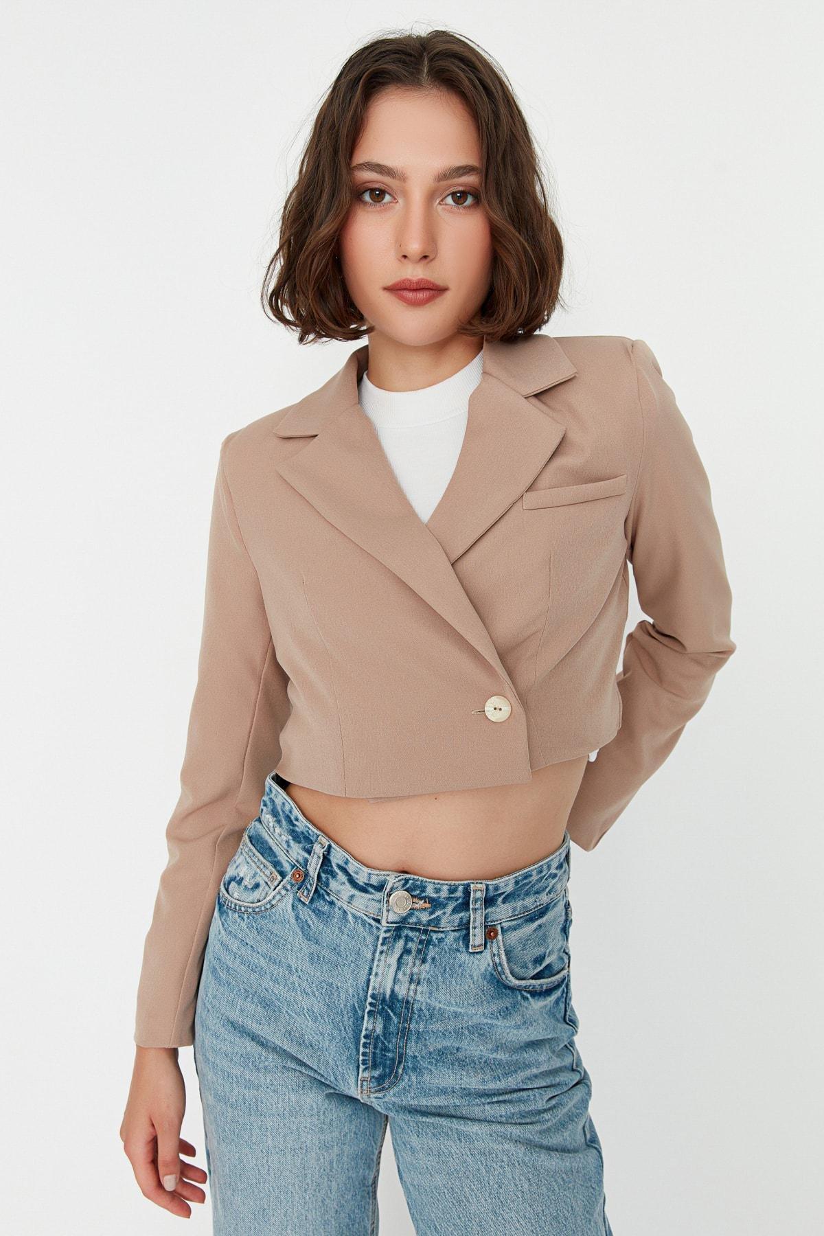 Brown Crop Woven Blazer, Brown, large image number 4