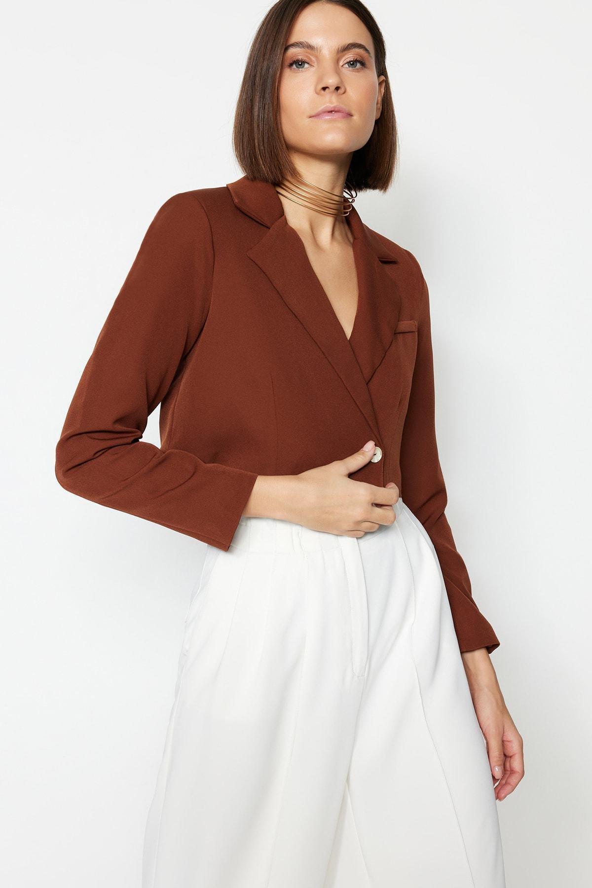 Brown Crop Woven Blazer, , large image number 5