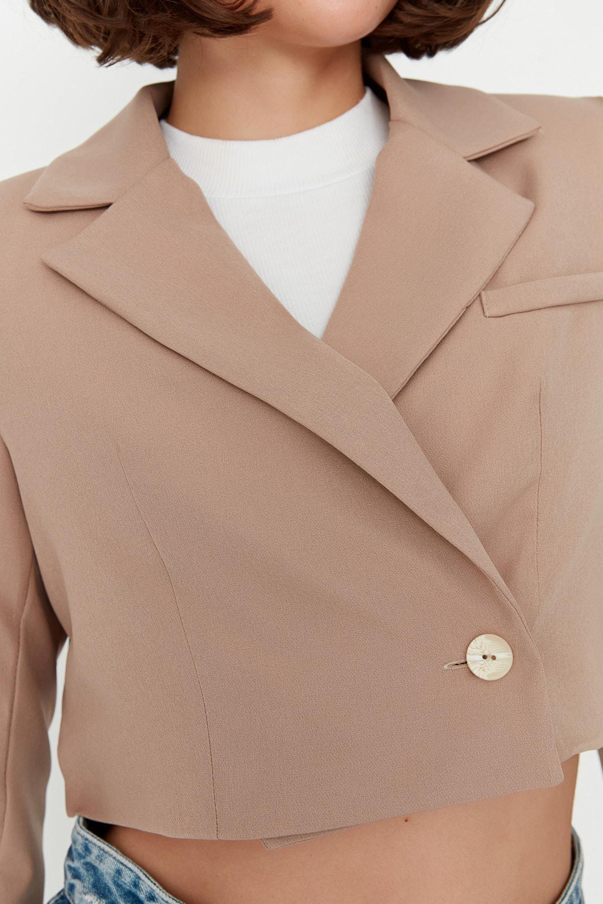 Brown Crop Woven Blazer, , large image number 6
