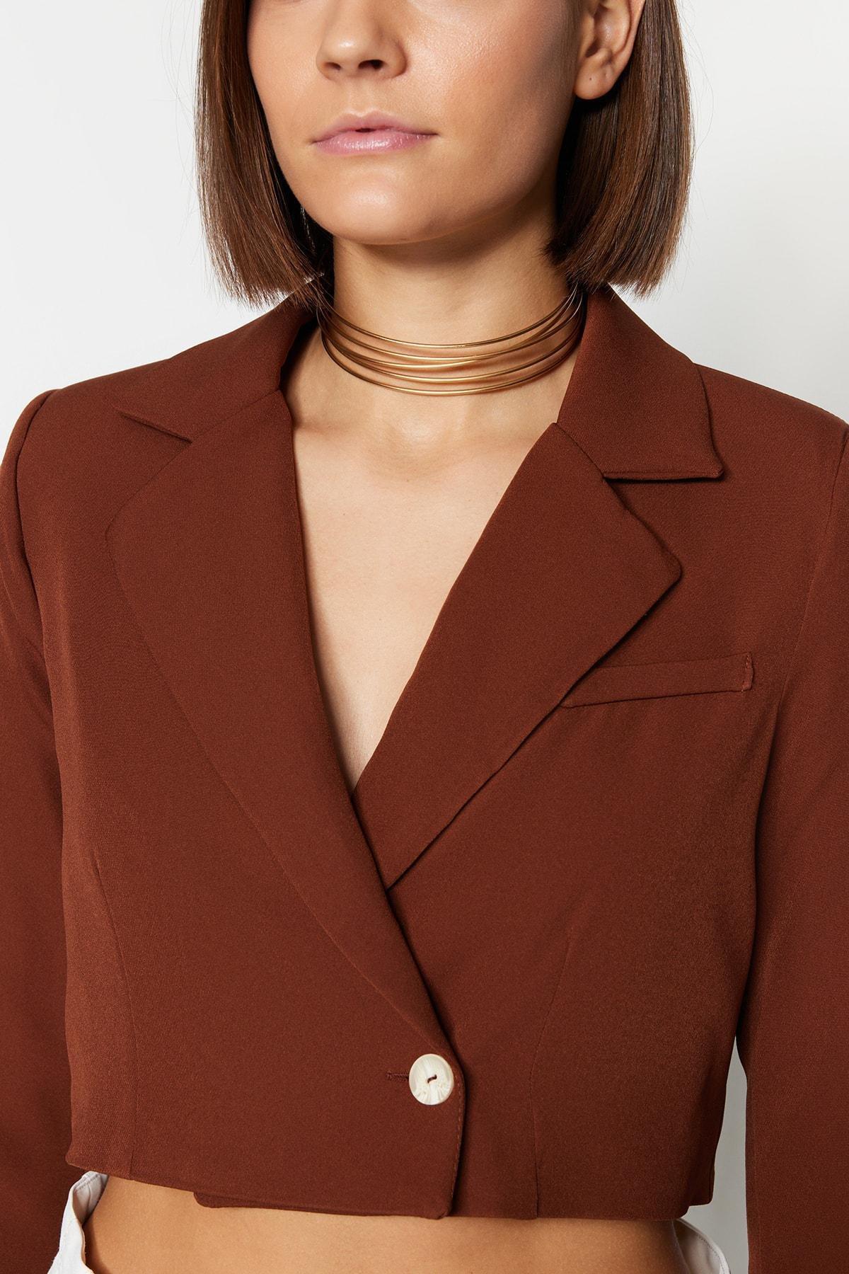 Brown Crop Woven Blazer, , large image number 7