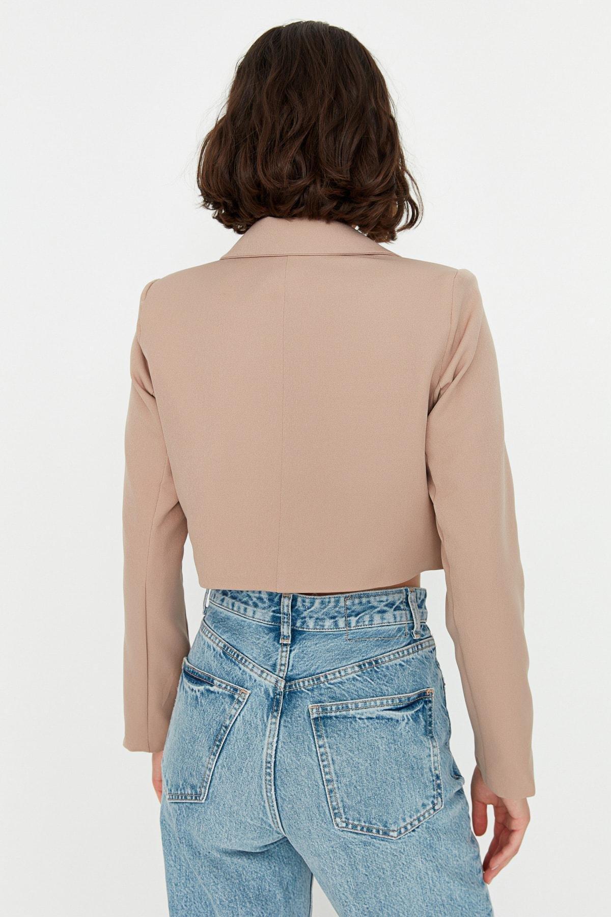 Brown Crop Woven Blazer, , large image number 8